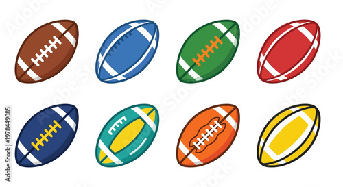 Colorful cartoon illustration of eight different american footballs
