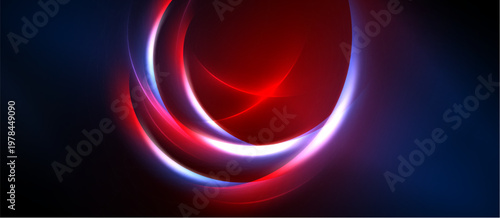 Abstract design features vibrant red, white, blue swirls. Dark background emphasizes glowing circular shapes, creating dynamic visual effect.