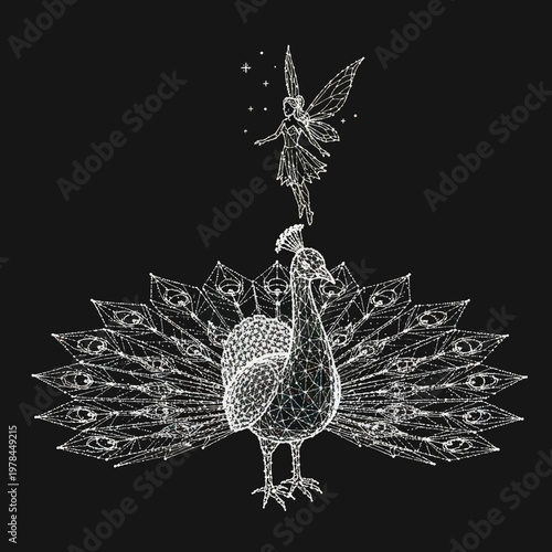 Enchanting Fairy Perched Upon a Majestic Peacock in Detailed Line Art.