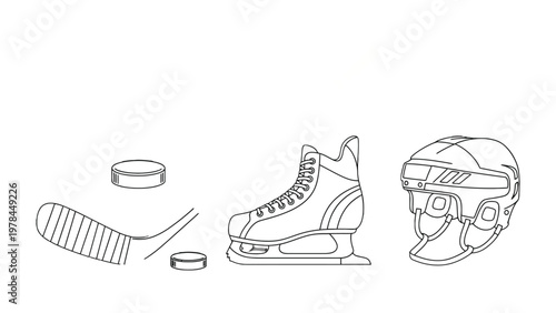Hockey Essentials: Isolated illustration of hockey equipment: a hockey stick, ice skate, puck, and helmet, poised for the start of a thrilling game. 