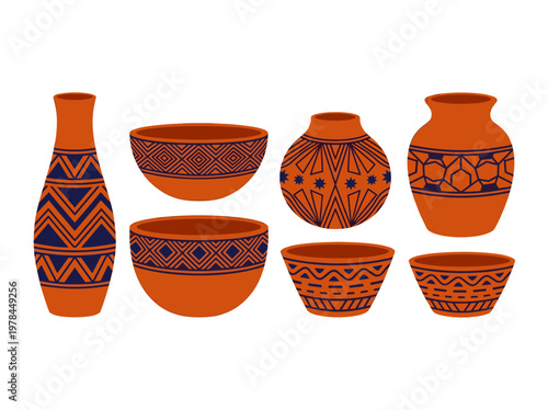 Intricate pottery with unique tribal patterns displayed. The pottery is in various shapes and sizes