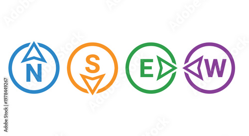 Colorful compass rose icons displaying cardinal directions north south east and west