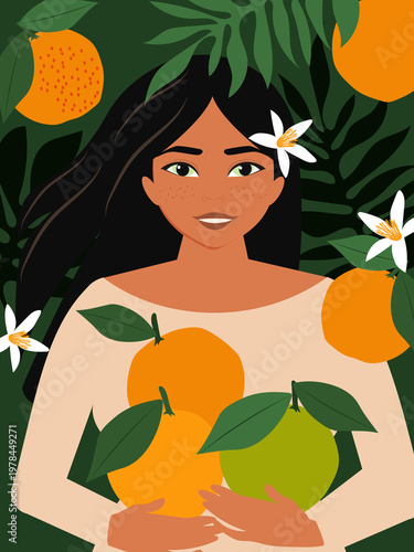 Young beautiful woman holding oranges in her hands surrounded by tropical leaves.