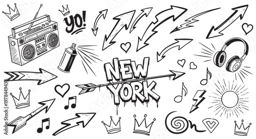 Graffiti style new york lettering with boombox and music elements