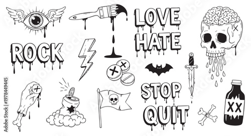 Set of handdrawn punk rock and gothic style doodles isolated on white background
