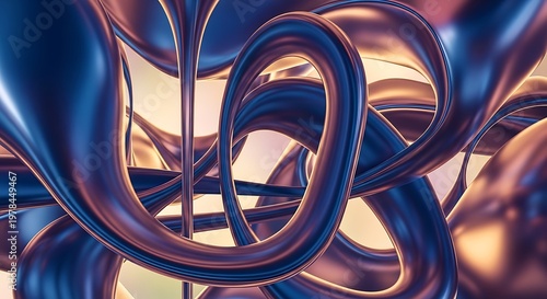 Vibrant fluid shapes merging together in abstract composition with metallic sheen and warm lighting