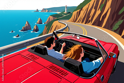 Red Convertible Driving on Coastal Cliff Road During Road Trip
