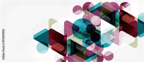 Abstract geometric shapes overlap, creating vibrant color gradients. Composition feels modern, dynamic, minimalist. Soft hues dominate design.