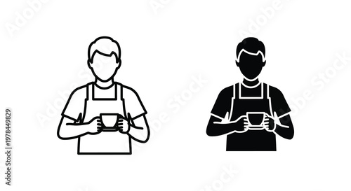 Two depictions of a man with an apron holding a mug silhouette