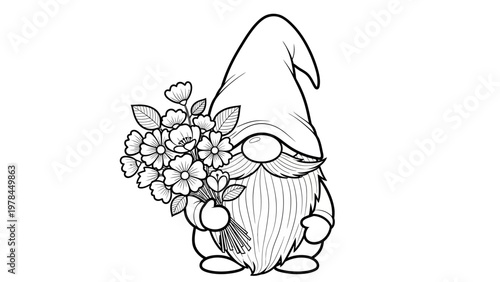 Black and white illustration of a garden gnome holding flowers vector graphic