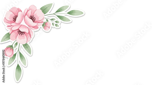 Watercolor floral corner arrangement with pink blossoms and green leaves on white