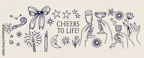 Minimal hand drawn party celebration, Expressive brush line cheers doodle, Clean layout social gathering illustration, High negative space party drawing, Rough sketch style celebration art, Simple bla