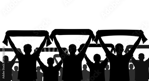 Group of people holding banners high.