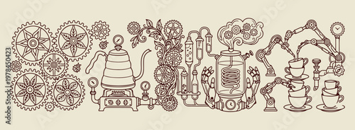 Foto Minimal hand drawn coffee machine, Expressive brush line industrial sketch, Clea