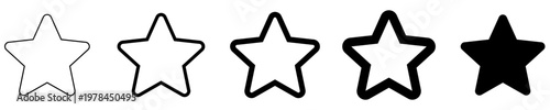 Set of black star icons with various outline thicknesses and solid fill. Symbols for rating, favorites, and quality indicators in interfaces. Vector illustration.
