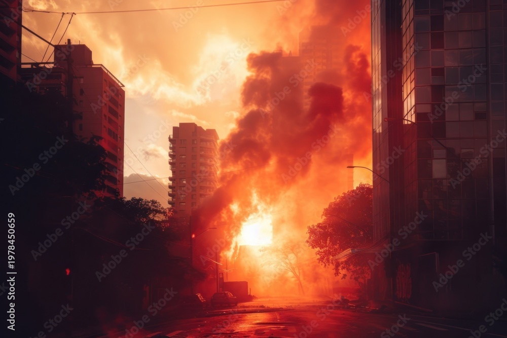 Fototapeta premium Building with fire bombing smoke bonfire architecture destruction.