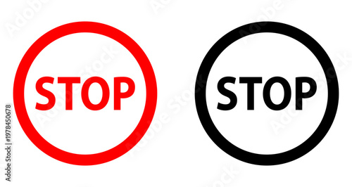  Set of circular stop sign icons in red and black colors. Textual stop and restriction symbols in round frames on white background. Vector illustration.