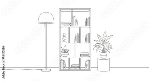 A minimalist line drawing depicts a bookshelf floor lamp and decorative plants in a room