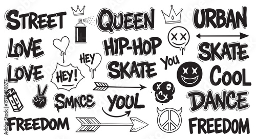 Set of graffiti elements, words, and symbols isolated on white background