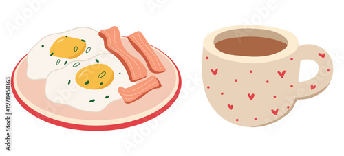 Breakfast plate with fried egg bacon and coffee cup