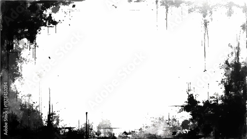 Abstract grunge black ink border frame edgy rough artistic design and splattered dirty paint stain elegant art overlay element for texture background and modern style.