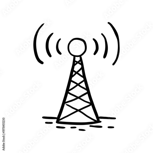 Minimalist doodle style icon of a TV tower or transmitter antenna emitting radio waves, symbolizing connection or broadcasting. Vector illustration.