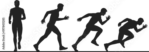 Running man silhouette sequence, sprint start to full speed illustration, athlete motion progression, fitness and speed training concept, isolated black figure set on white background
