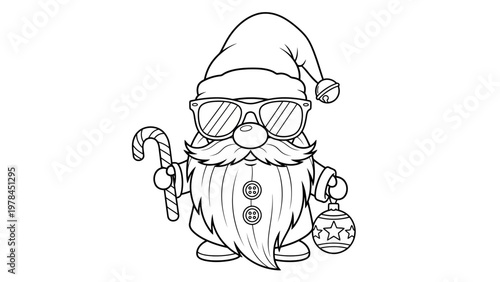 Cool gnome with sunglasses holding candy cane and ornament vector illustration