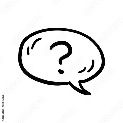 Minimalist doodle style icon of a speech bubble with a question mark, symbolizing an inquiry, searching for an answer or support service. Vector illustration.