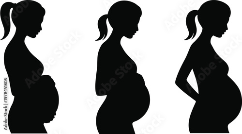Pregnant woman silhouettes collection, black maternity profiles set isolated on light background, motherhood and pregnancy illustration for healthcare, family, lifestyle and prenatal care design