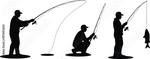 Silhouette of fisherman casting fishing rod sequence, angler stages illustration, fishing activity progression, outdoor hobby concept, isolated black figures on white background