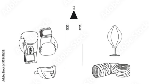 Boxing Gear Essentials: A minimalist illustration showcases the essential equipment for boxing, including gloves, a mouthguard, hand wraps, and a punching bag, symbolizing preparation and practice.