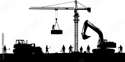 Detailed construction site silhouette with heavy machinery and hardworking construction workers