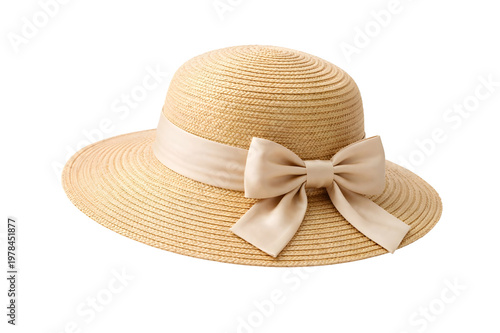 Women's Straw Sun Hat with Bow Isolated on White Background