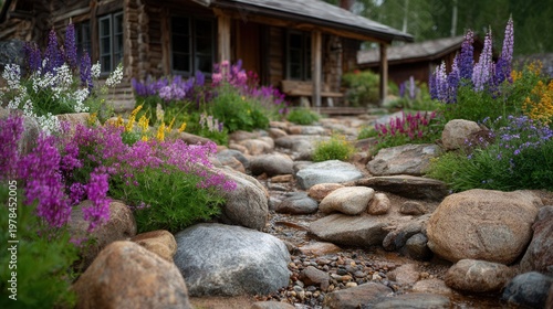 Beautiful alpine rock garden near home entrance, natural stones, ornamental flowers and greenery