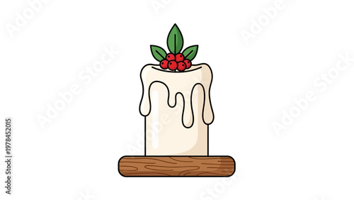 Festive candle illustration with holly berries isolated on white background