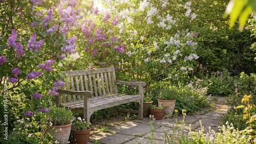 Wooden bench in blooming spring garden with lilac bush. Peaceful backyard retreat with flower pots and stone walkway. Sunlight streaming through trees, serene nature landscape for seasonal relaxation