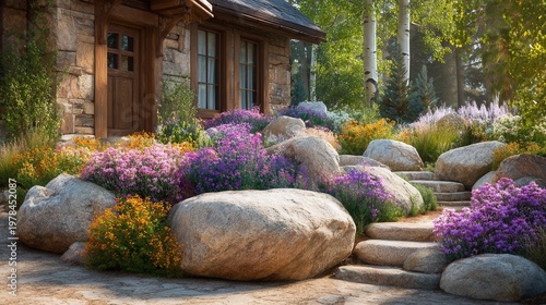 Beautiful alpine rock garden near home entrance, natural stones, ornamental flowers and greenery
