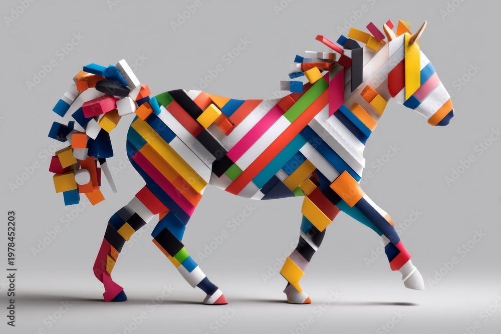 Obraz premium Colorful Pop Art Horse Silhouette Filled with Diagonal Stripes and Vibrant Patterns