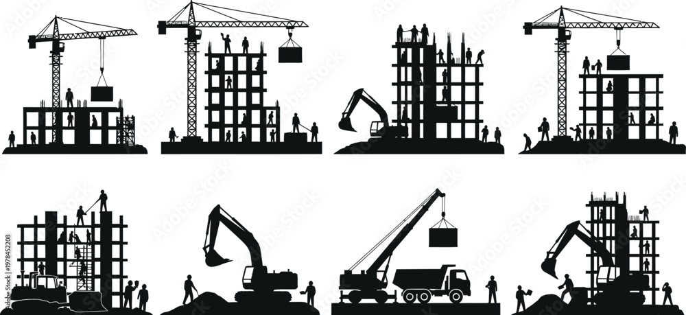 Obraz premium Detailed construction site silhouettes featuring workers and heavy machinery at work