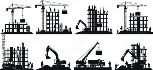 Detailed construction site silhouettes featuring workers and heavy machinery at work