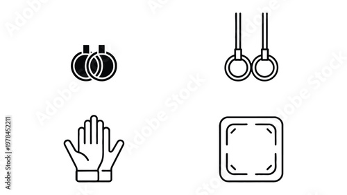 Gymnastic Equipment Icons: A collection of simple, stylized icons representing essential gymnastic equipment, perfect for illustrating fitness, sport, and exercise concepts.