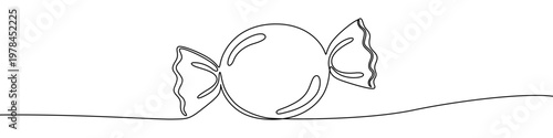 Illustration of a sweet candy in wrapper, made in one continuous line. Candy drawing with a black stroke on a white background, vector illustration