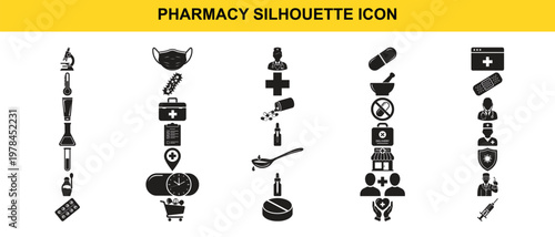 A comprehensive collection of black silhouette icons representing various aspects of pharmacy, medicine, and healthcare services.