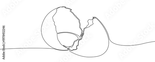 Illustration of a broken chicken egg with shell, made in one continuous line. Cracked egg drawing with a black stroke on a white background, vector illustration