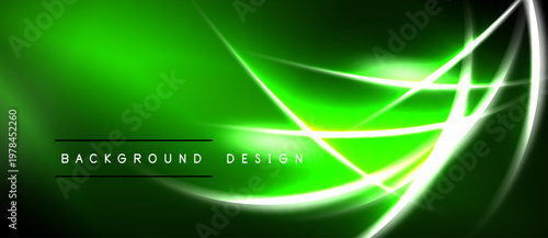 Bright green abstract lines create dynamic energy. Smooth curves intersect with sharp angles, forming modern design. Dark background enhances luminosity.