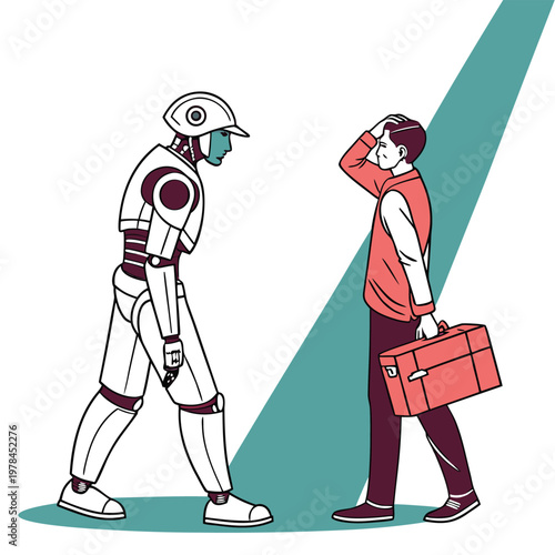 Robot facing human with briefcase technology concept artificial intelligence technology automation briefcase confrontation challenge illustration mechanical progress industry contrast