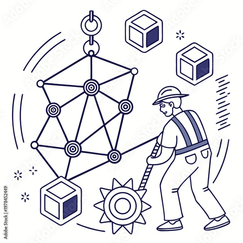 Worker manipulating network connections and building blocks with abstract network digital construction technology development network structure connection construction development technology