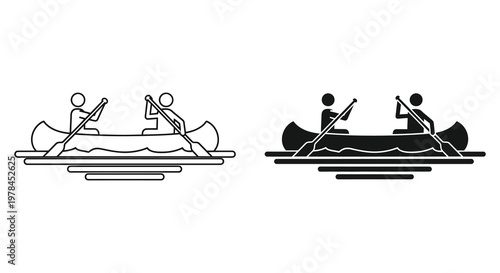 Two pairs of rowers in canoes depicted in a minimalist style silhouette