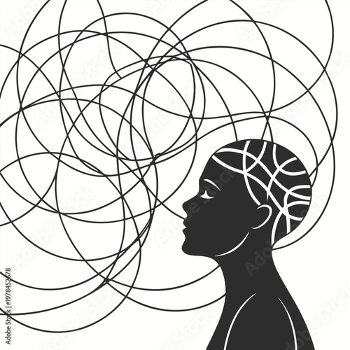 Silhouette of person with tangled thoughts confusion thoughts silhouette illustration abstract overwhelmed thinking pondering struggle complexity disorder realization psychology
